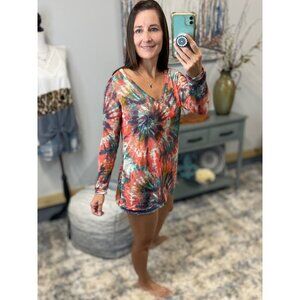 Multi Tie Dye Low Gauge Hacci Wide Neck Pullover Long Sleeve Top Coral Jade 3421